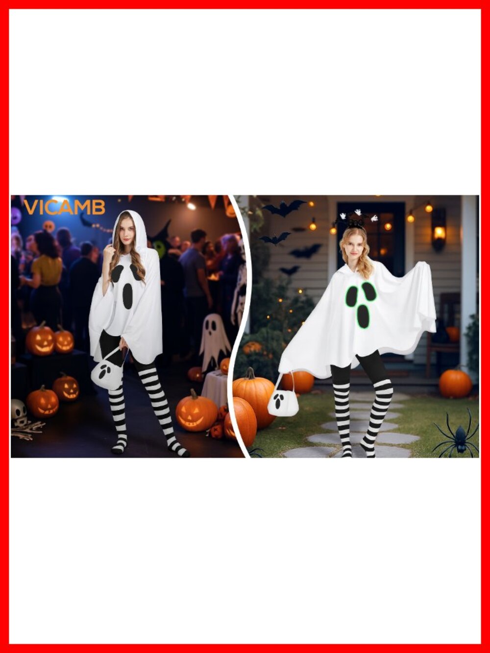 Ghost Poncho Costume Set Glow Dark Hooded Pullover Halloween Cosplay - Picture 6 of 6